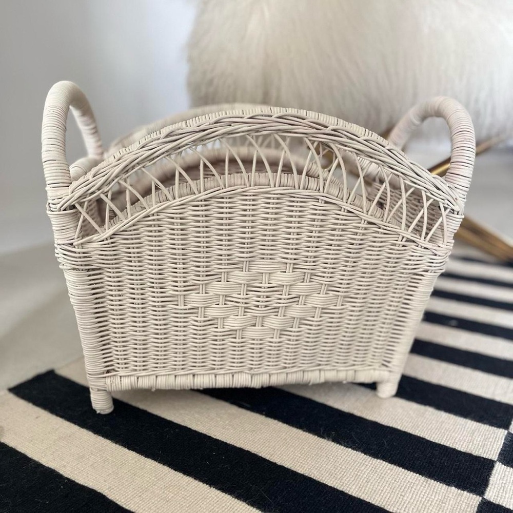 Vintage Cream Wicker Magazine Basket